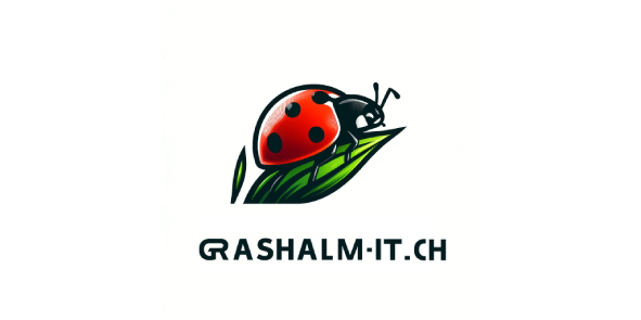 Grashalm IT GmbH logo featuring a green blade of grass with a red beetle on top with the company name below